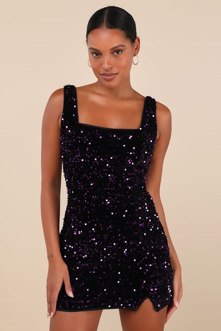 Lulus Seeing Sparkles Dark Purple Velvet Sequin Square Neck Mini Dress Small NWT